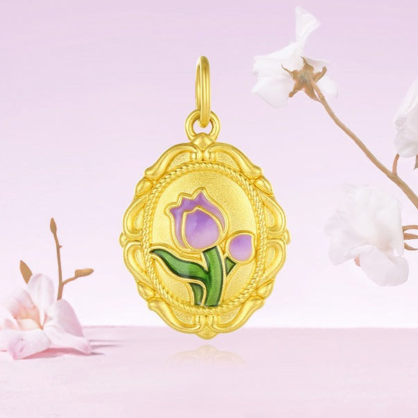 Monet Garden Series 24K Gold Enamel Tulip Amethyst Necklace Pendant