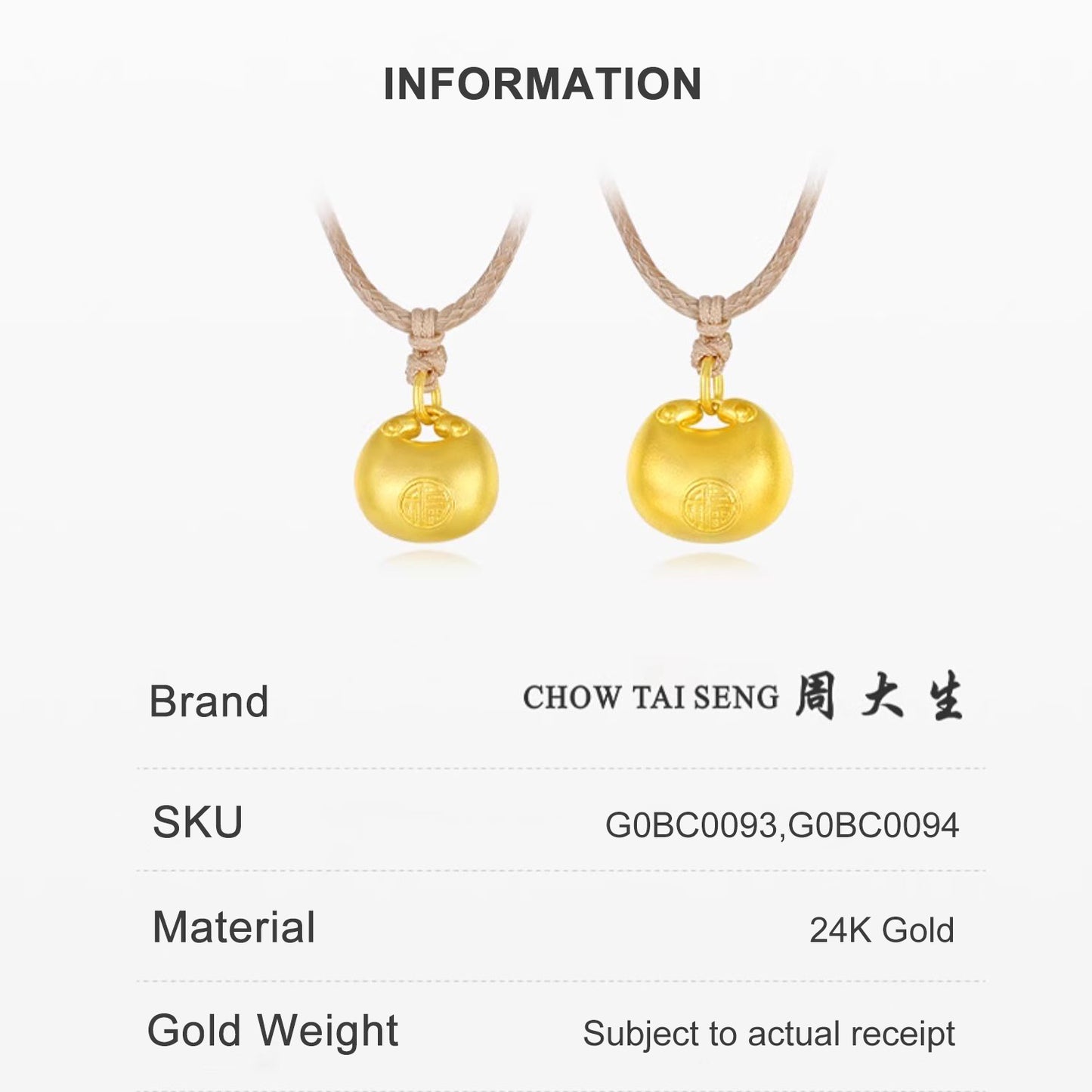 24K Gold full lucky PANG FU Money Bag Necklace
