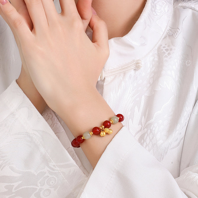 S925 Silver Peanut Persimmon Jade Agate Beaded Bracelet