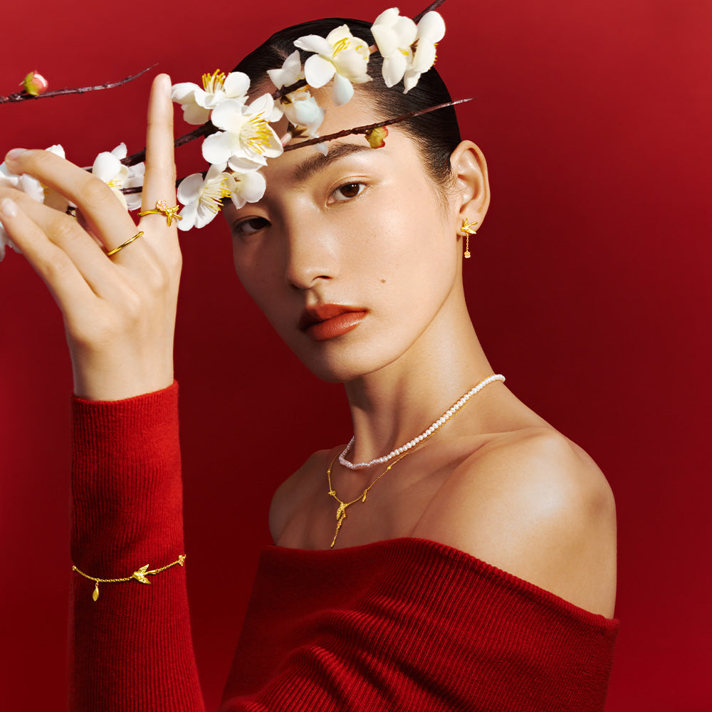 Twelve Gods of Flowers Series 24K Gold Enamel Magpie and Plum Blossom Earrings