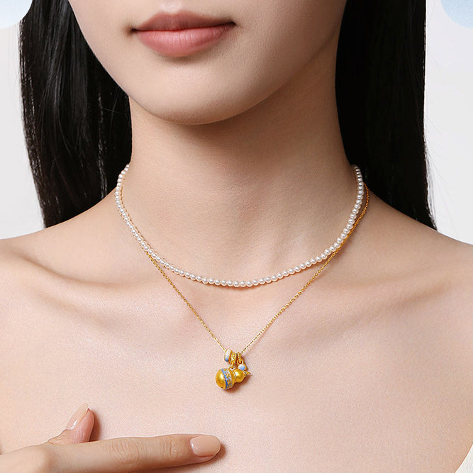 Chinese Cultural Relics Series 24K Gold Luminous Enamel Blue and White Calabash Gourd Pendant