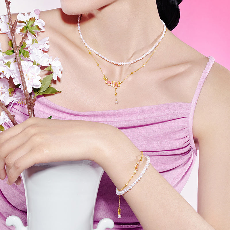 Twelve Gods of Flowers Series 24K Gold Pearl Cherry Blossoms Flowers Jewelry Set - Bracelet Necklace