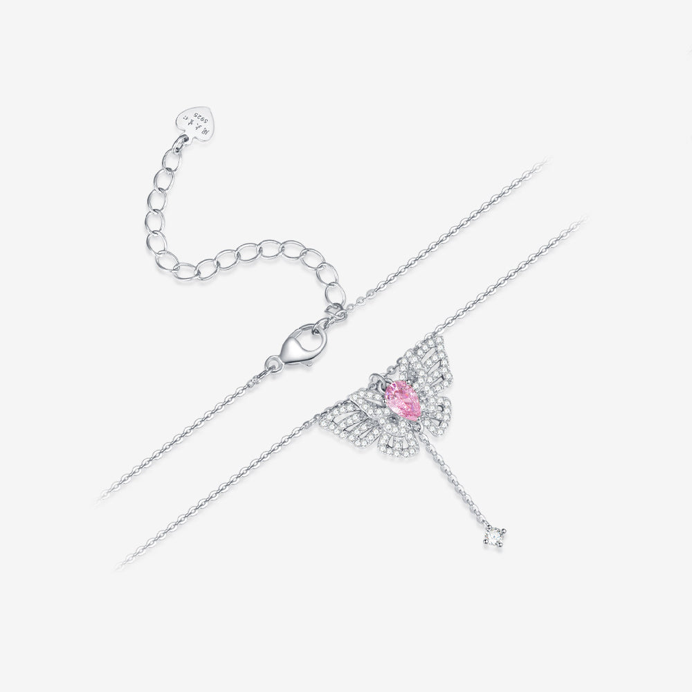 S925 Silver Zircon Purple Pink Wings Movable Butterfly Necklace