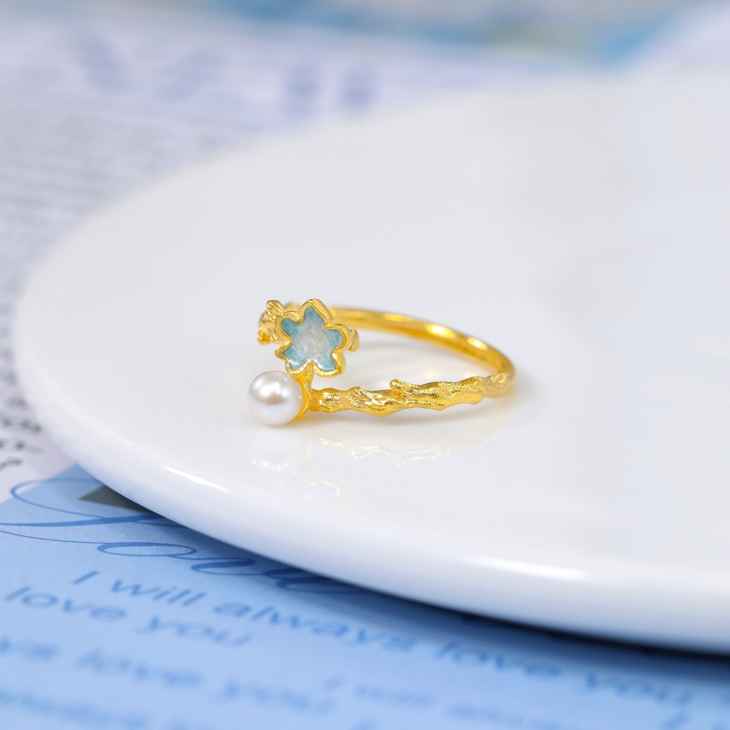 Blazing Van Gogh Series 24K Gold Enamel Pearl Almond Blossom Flower Ring