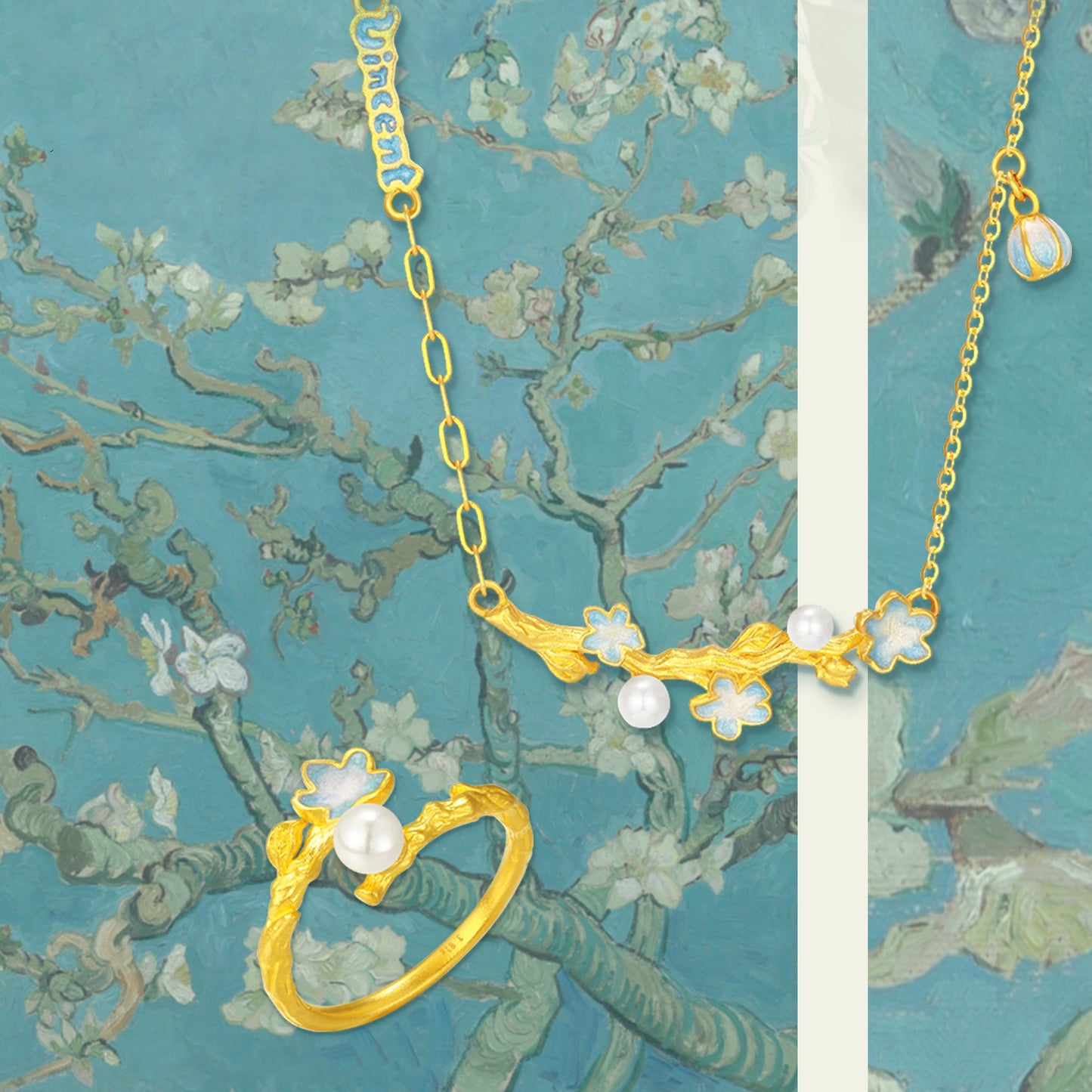 Blazing Van Gogh Series 24K Gold Enamel Pearl Almond Blossom Flower Ring