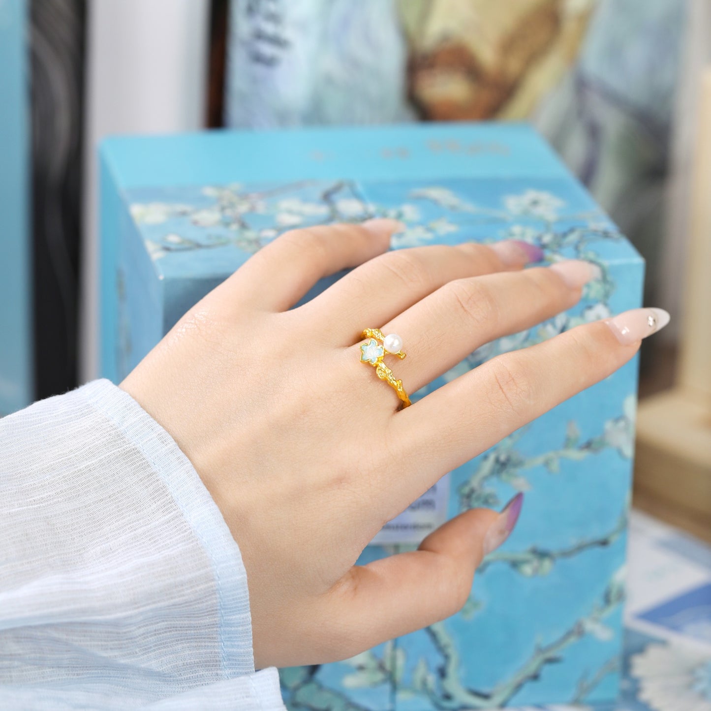 Blazing Van Gogh Series 24K Gold Enamel Pearl Almond Blossom Flower Ring