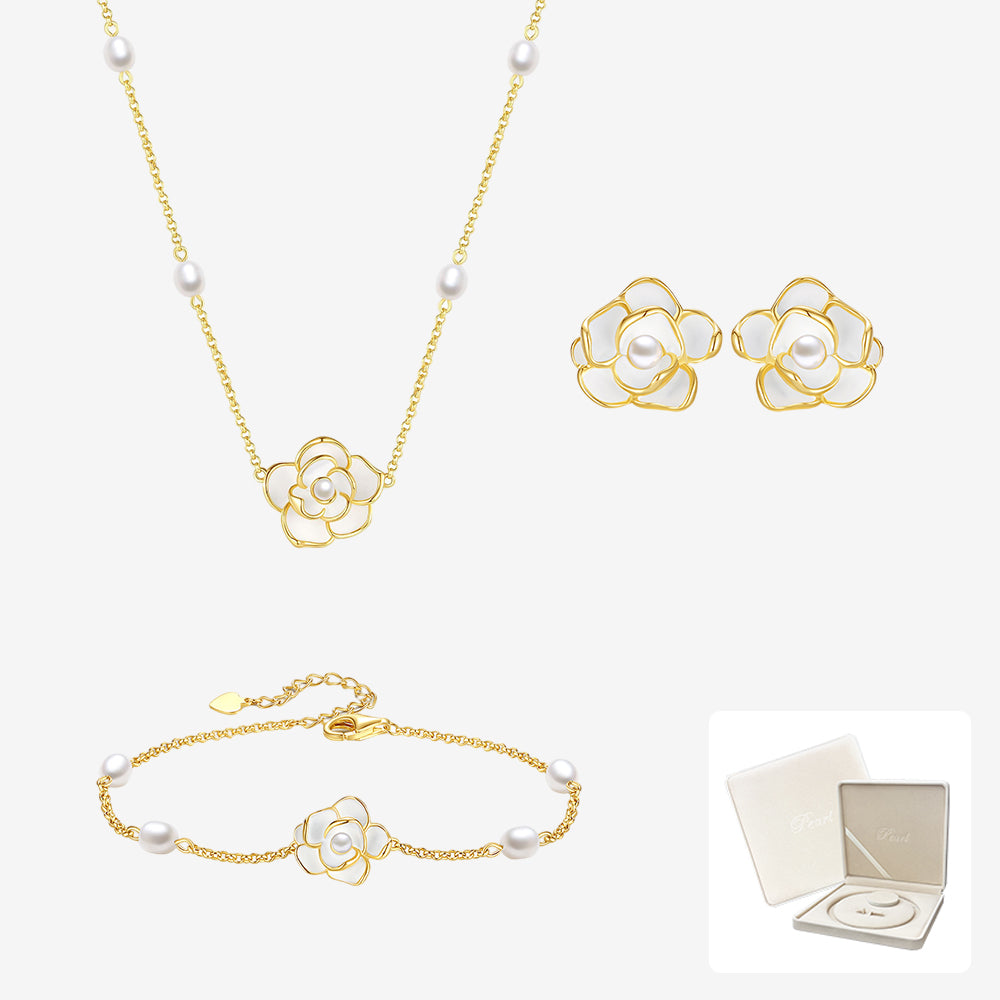 S925 Silver Camellia Pearls Necklace Jewelry Set