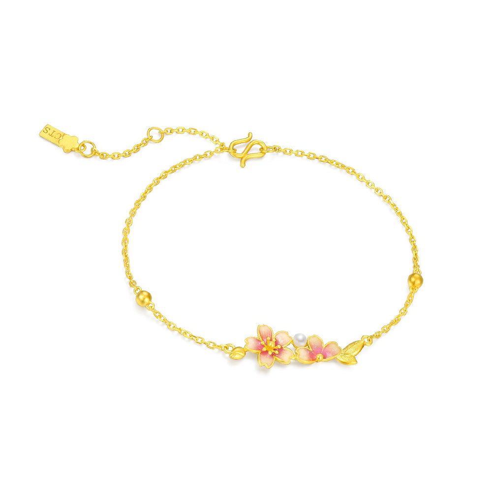 Twelve Gods of Flowers Series 24K Gold Pearl Cherry Blossoms Flowers Jewelry Set - Bracelet Necklace