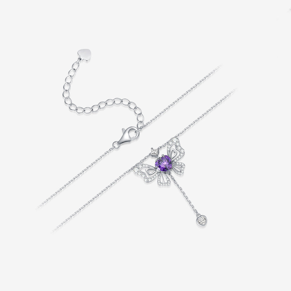 S925 Silver Zircon Purple Pink Wings Movable Butterfly Necklace