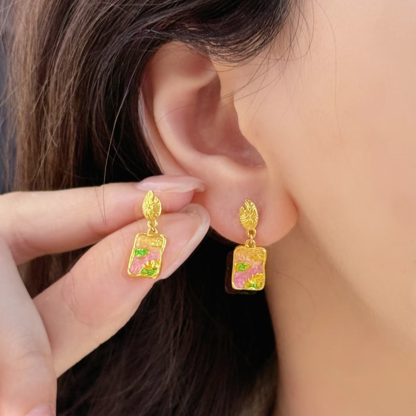Monet Garden Series 24K Gold Water Lilies Lotus Earrings