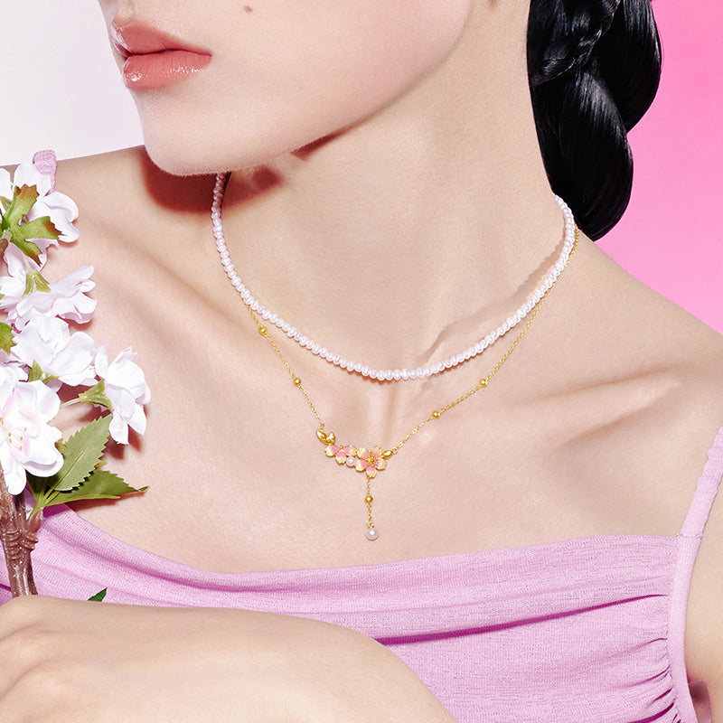 Twelve Gods of Flowers Series 24K Gold Pearl Cherry Blossoms Flowers Jewelry Set - Bracelet Necklace