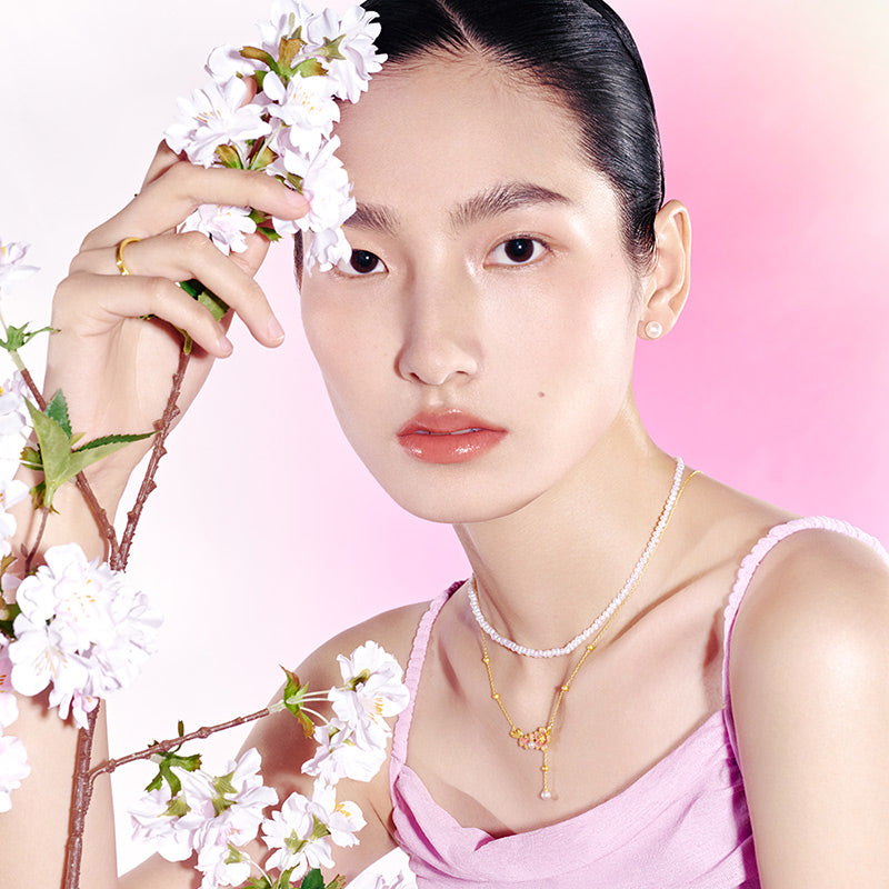 Twelve Gods of Flowers Series 24K Gold Pearl Cherry Blossoms Flowers Jewelry Set - Bracelet Necklace