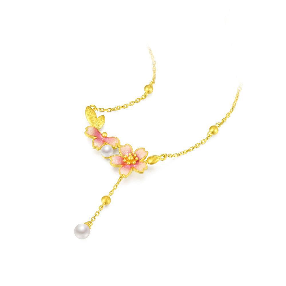 Twelve Gods of Flowers Series 24K Gold Pearl Cherry Blossoms Flowers Jewelry Set - Bracelet Necklace
