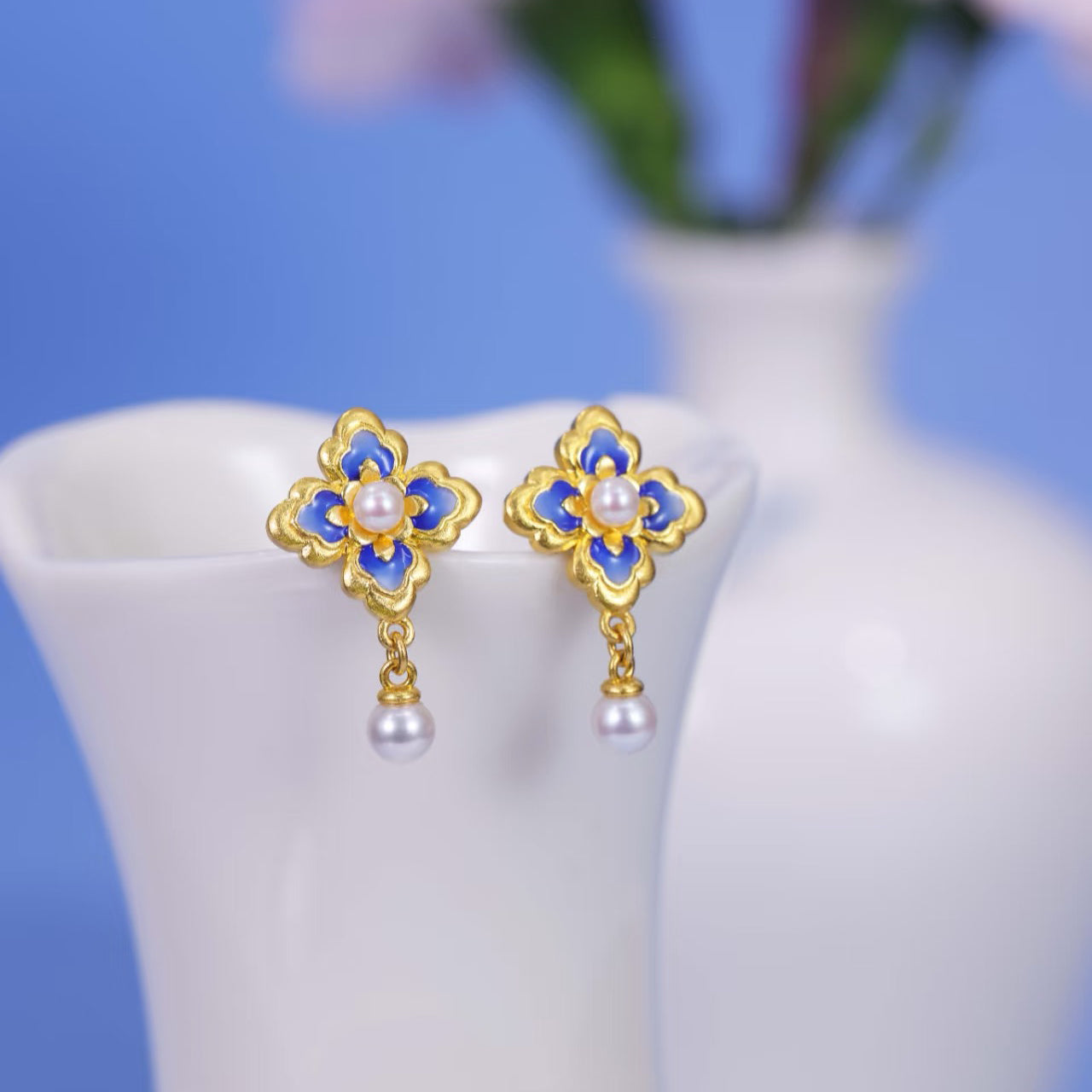 Oriental Blue and White Series 24K Gold Pearl Enamel Lotus Earrings