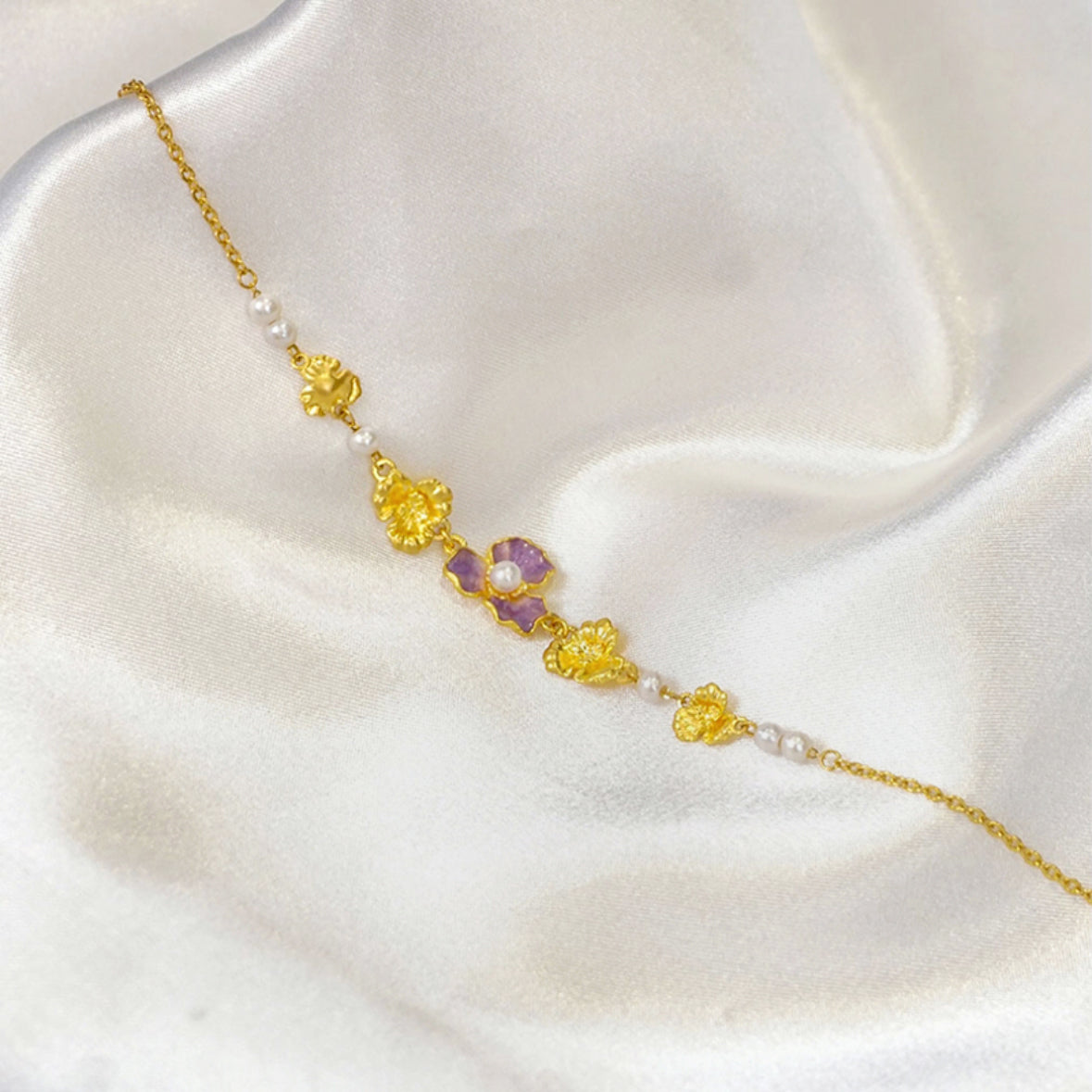 Monet Garden Series 24K Gold Pearl Enamel Iris Bracelet