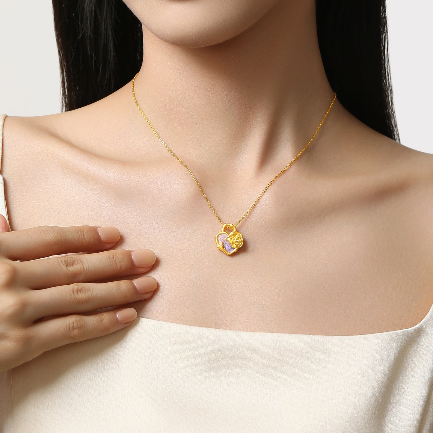 Monet Garden Series 24K Gold Secret Words Luminous Enamel Rose Heart Lock Pendant