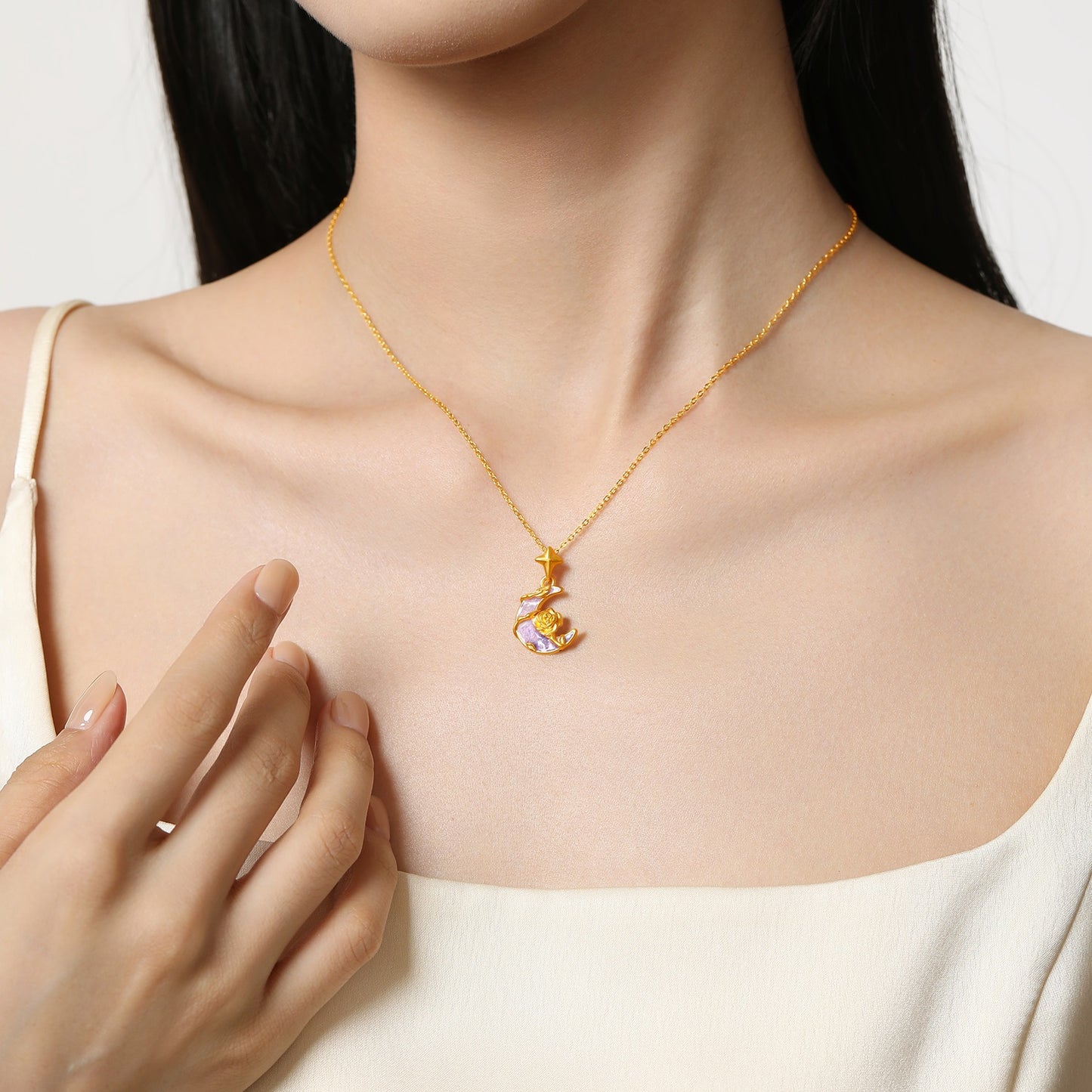 Monet Garden Series 24K Gold Secret Words Luminous Enamel Rose Moon Necklace Pendant