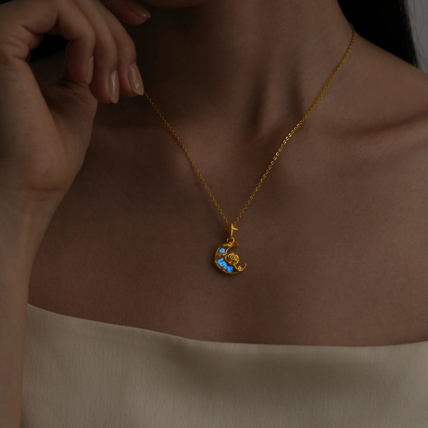 Monet Garden Series 24K Gold Secret Words Luminous Enamel Rose Moon Necklace Pendant