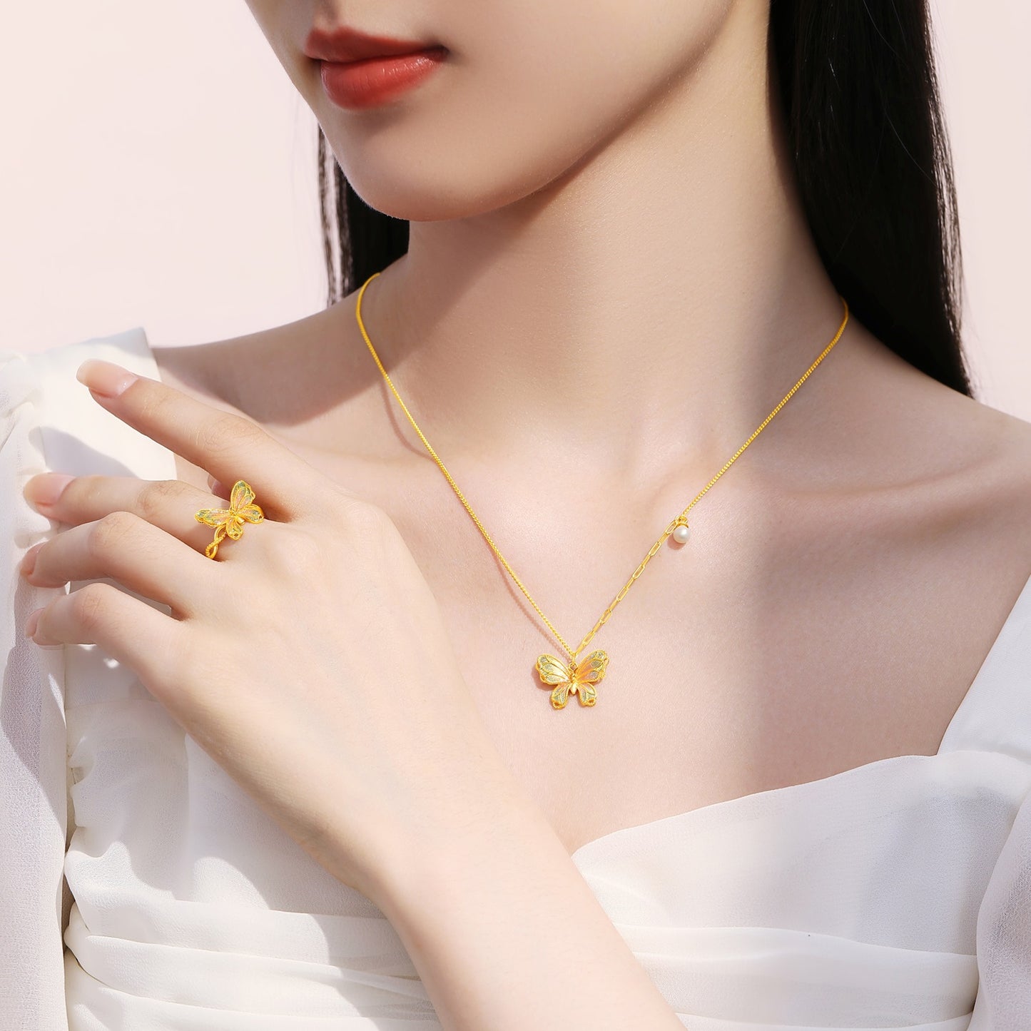 S925 Silver Enamel Pearl Colorful Butterfly Necklace