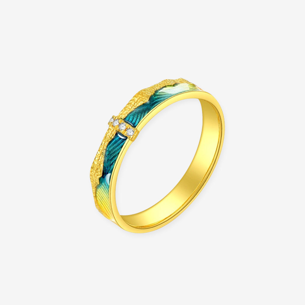 A Grand Panorama of Rivers and Mountains Series 24K Gold Diamond Enamel Green Mountain Ring