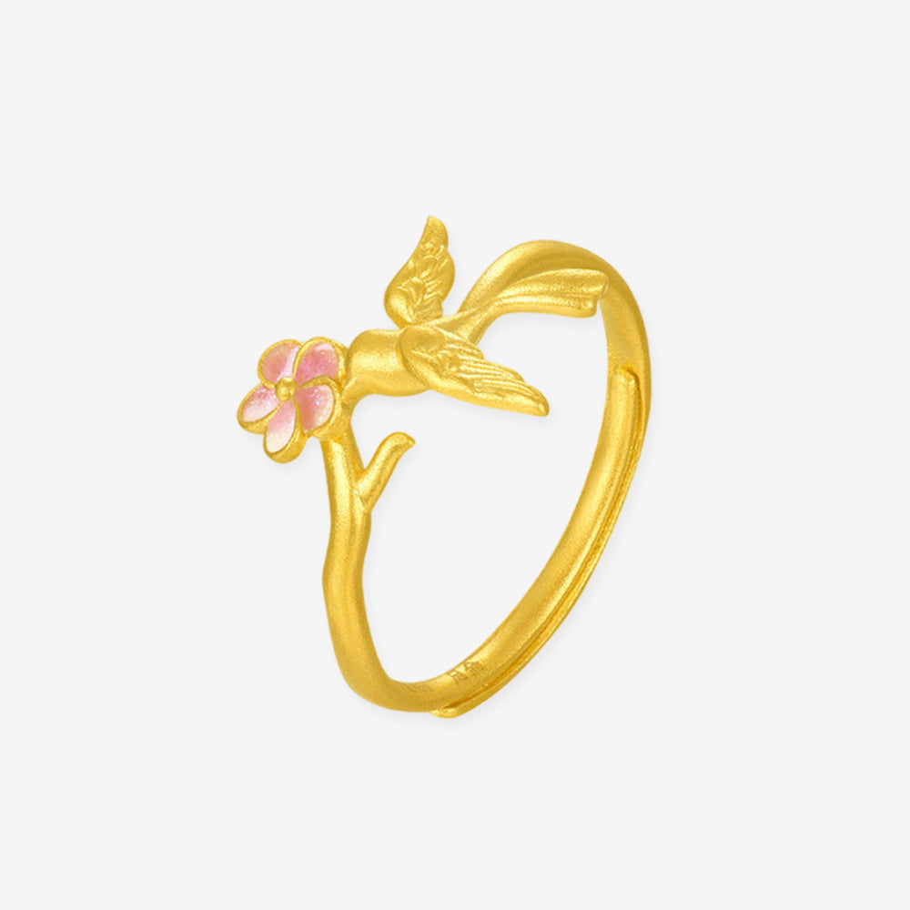 Twelve Gods of Flowers Series 24K Gold Enamel Magpie and Plum Blossom Ring