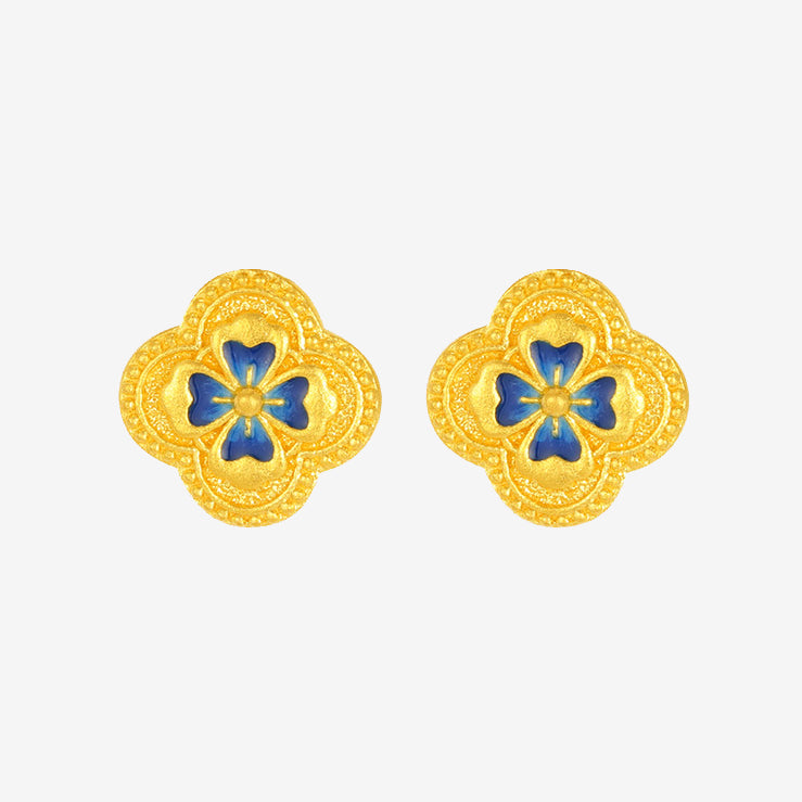 Oriental Blue and White Series 24K Gold Blue Clover Earrings
