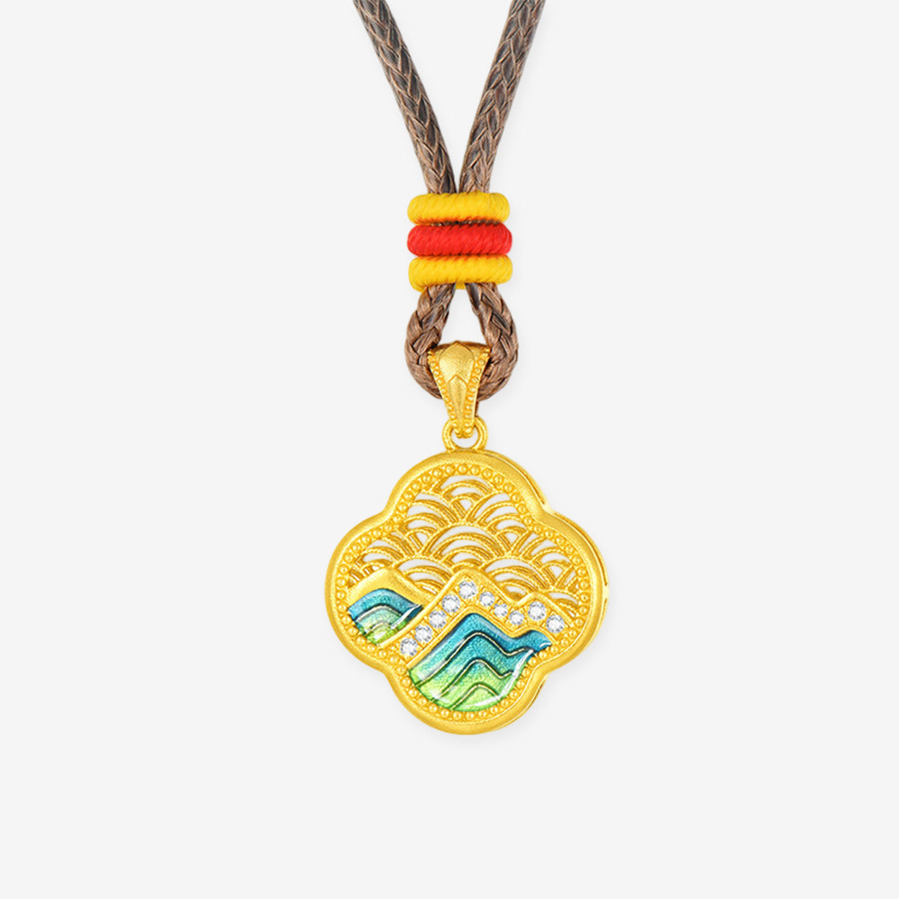 A Grand Panorama of Rivers and Mountains Series 24K Gold Diamond Enamel Hollow Filigree Clover Pendant