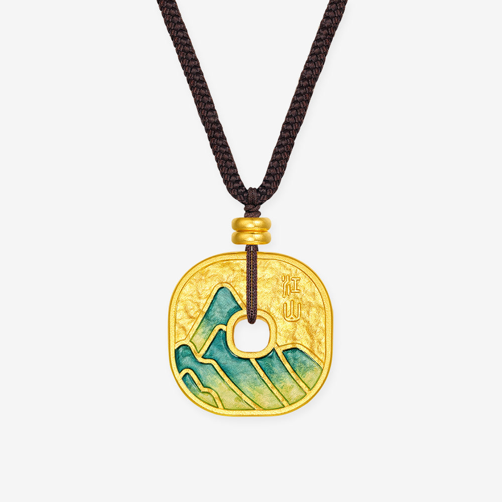 A Grand Panorama of Rivers and Mountains Series 24k Gold Enamel Square Lucky Coin Necklace