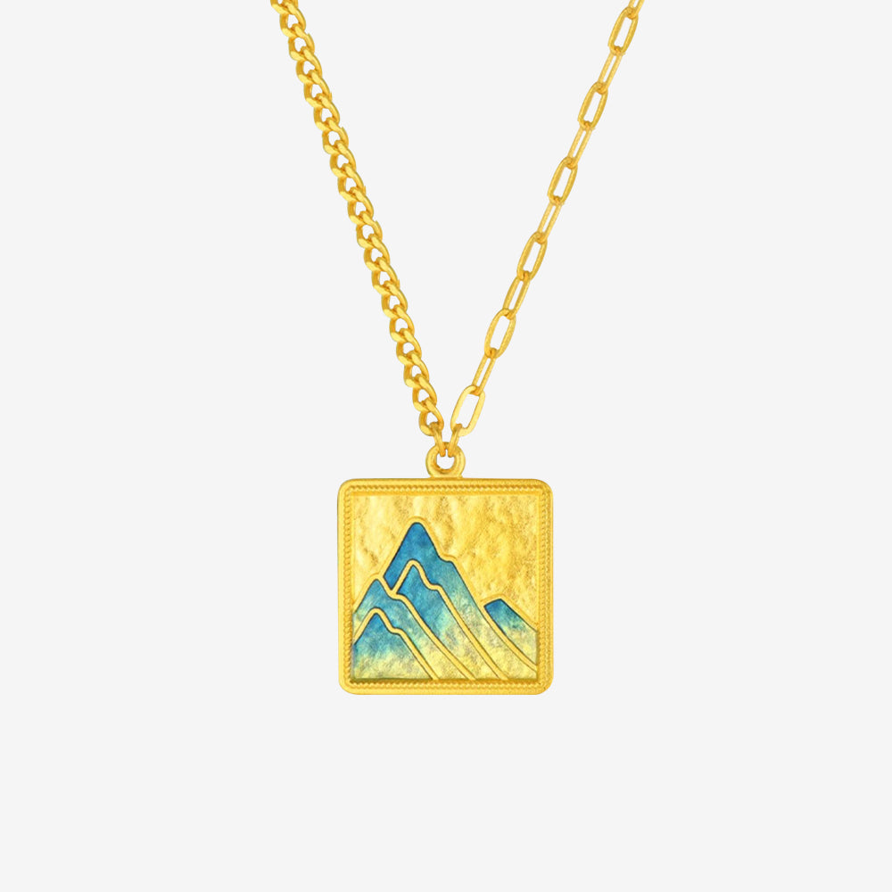A Grand Panorama of Rivers and Mountains Series 24K Gold Enamel Square Round Tag Couple Necklaces