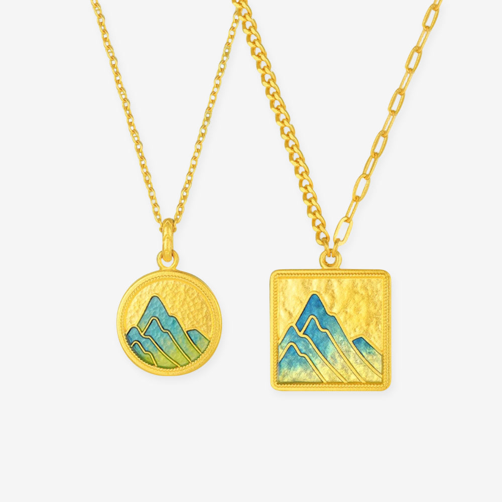 A Grand Panorama of Rivers and Mountains Series 24K Gold Enamel Square Round Tag Couple Necklaces
