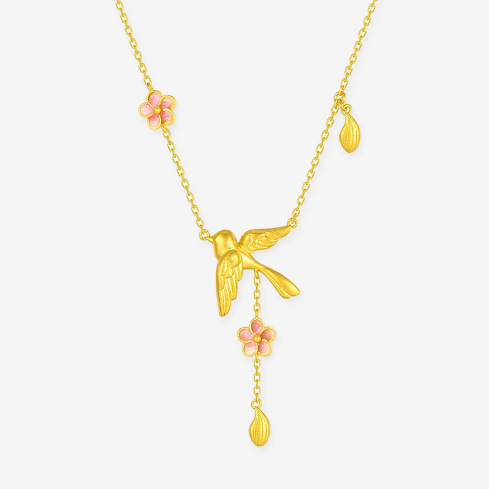 Twelve Gods of Flowers Series 24K Gold Enamel Magpie and Plum Blossom Y Necklace