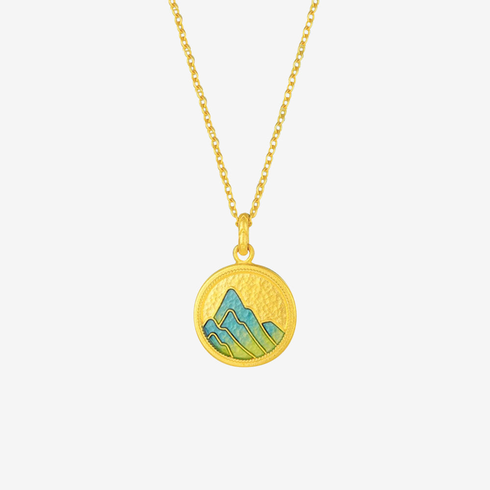 A Grand Panorama of Rivers and Mountains Series 24K Gold Enamel Square Round Tag Couple Necklaces