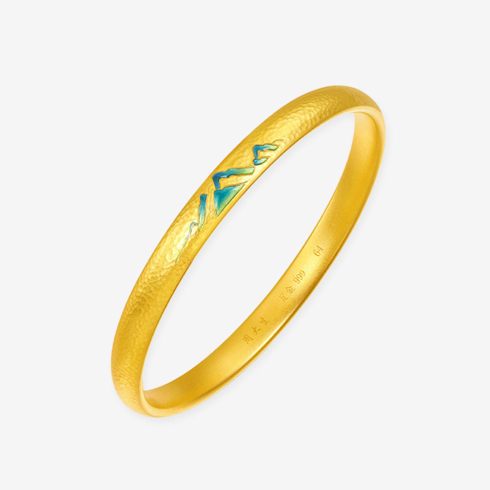 A Grand Panorama of Rivers and Mountains Series 24K Gold Enamel Hammer Pattern Bangle