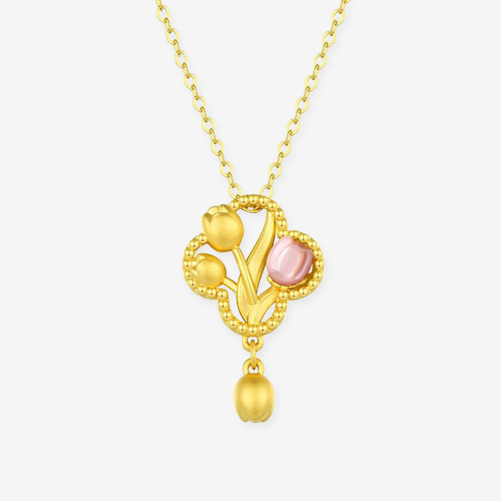 24K Gold Hetian Jade Shell Tulip Necklace Pendant