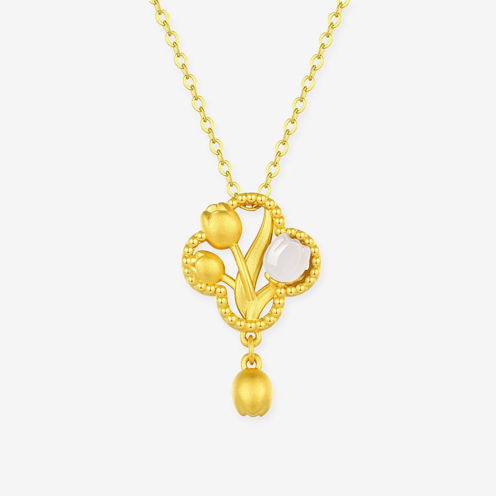 24K Gold Hetian Jade Shell Tulip Necklace Pendant