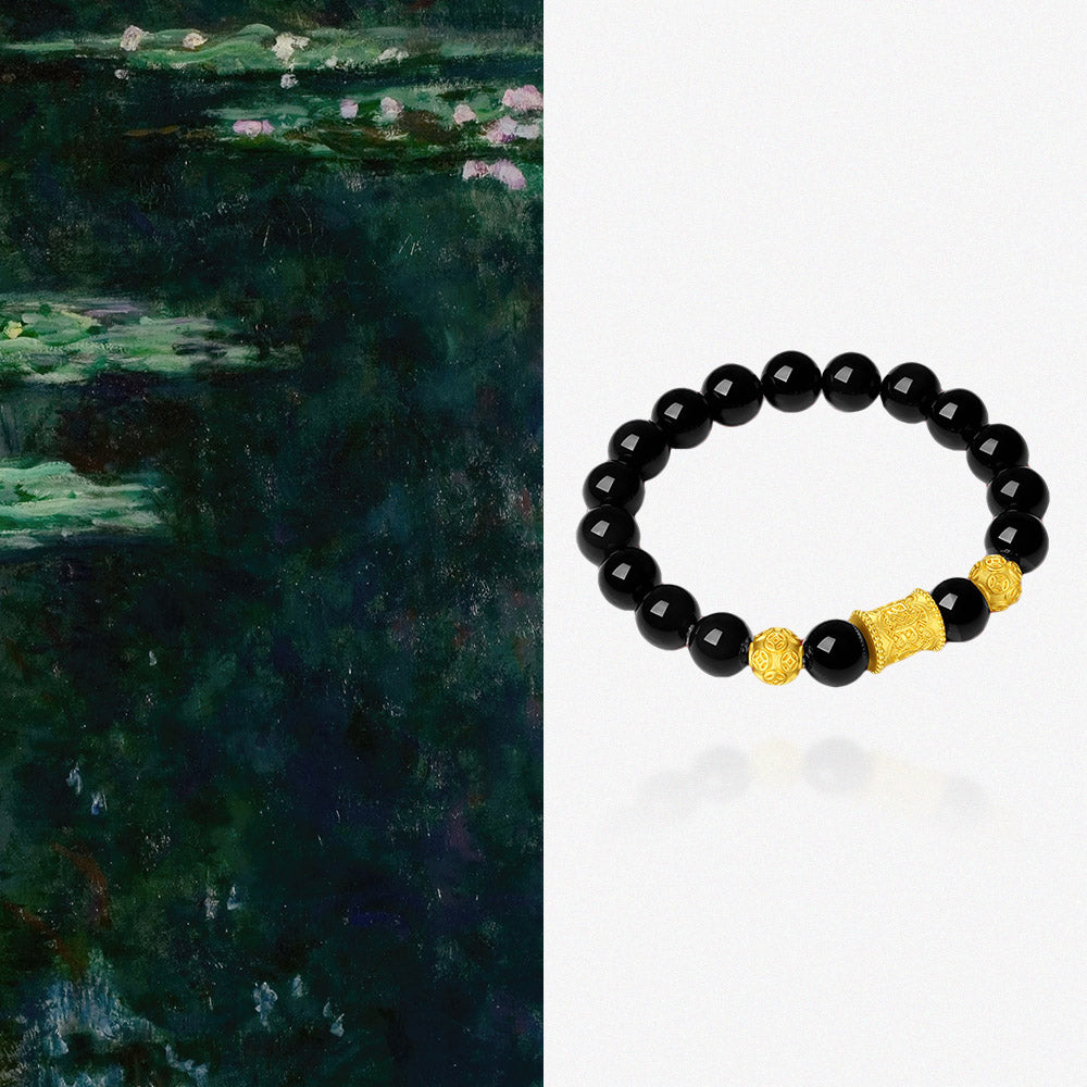 24K Gold Six-Syllable Mantra Barrel Charm Obsidian Men's Bracelet