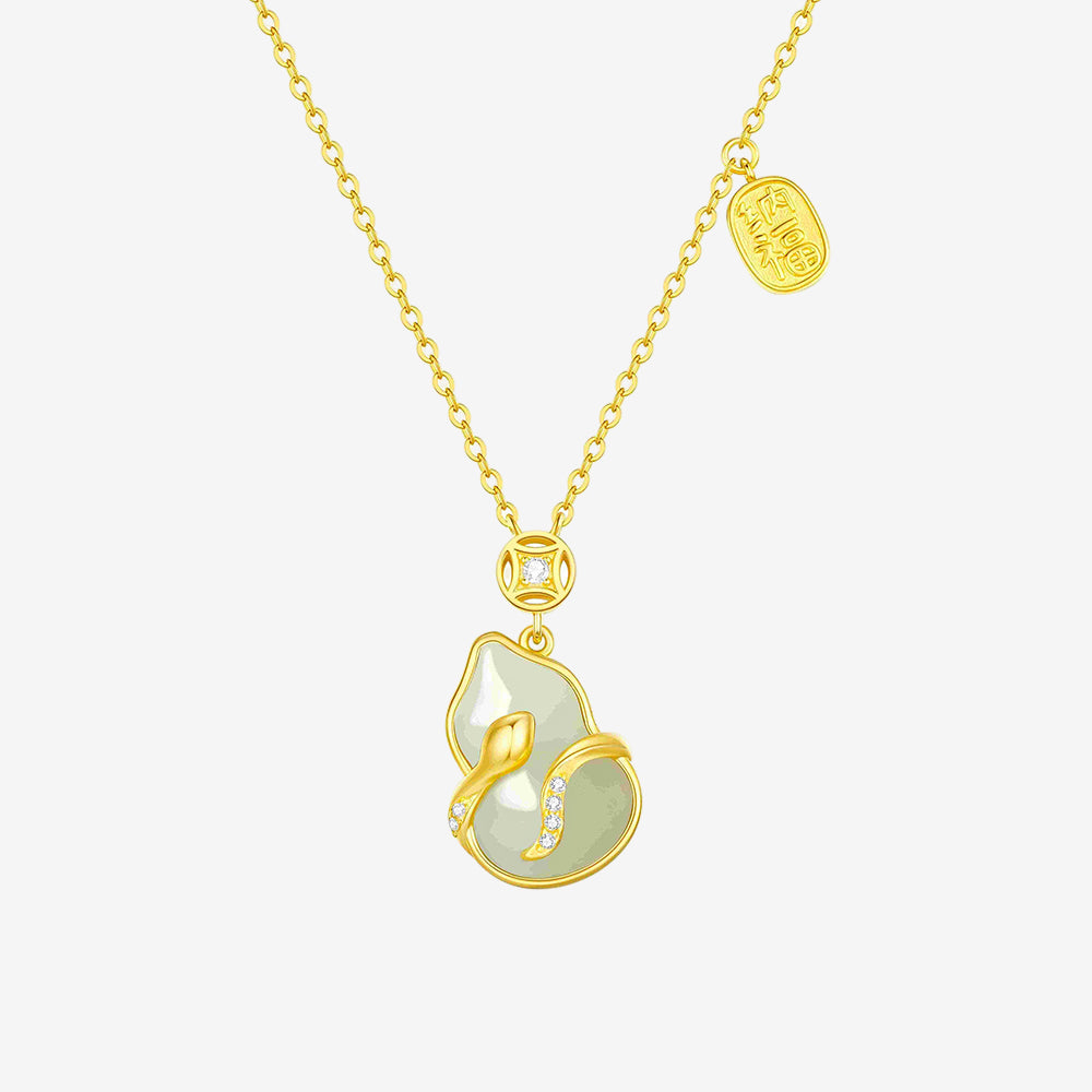 S925 Silver Hetian Jade Chalcedony Blessing Snake Calabash Gourd Necklace
