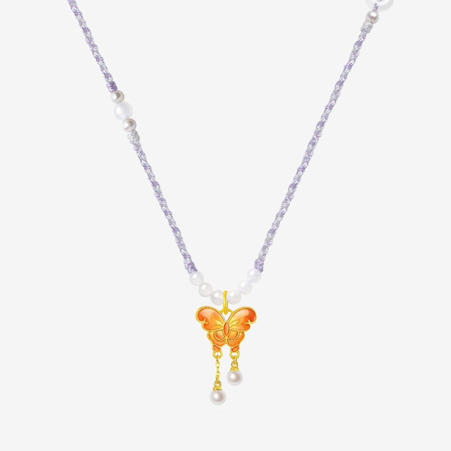 24K Gold Luminous Enamel Double-Sided Purple Orange Butterfly Necklace