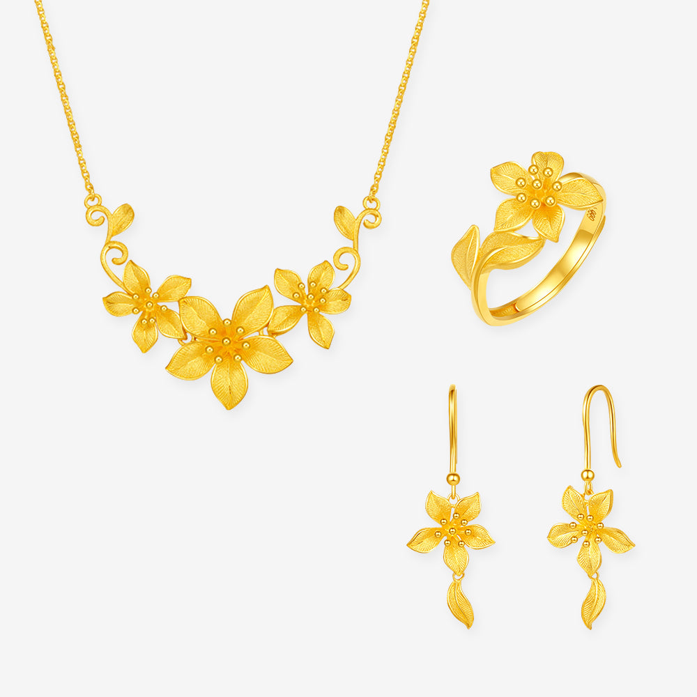 Happy Flower Wedding Series 24K Gold Elegant Nicotiana Alata Flower Jewelry Set - Ring Earrings Necklace