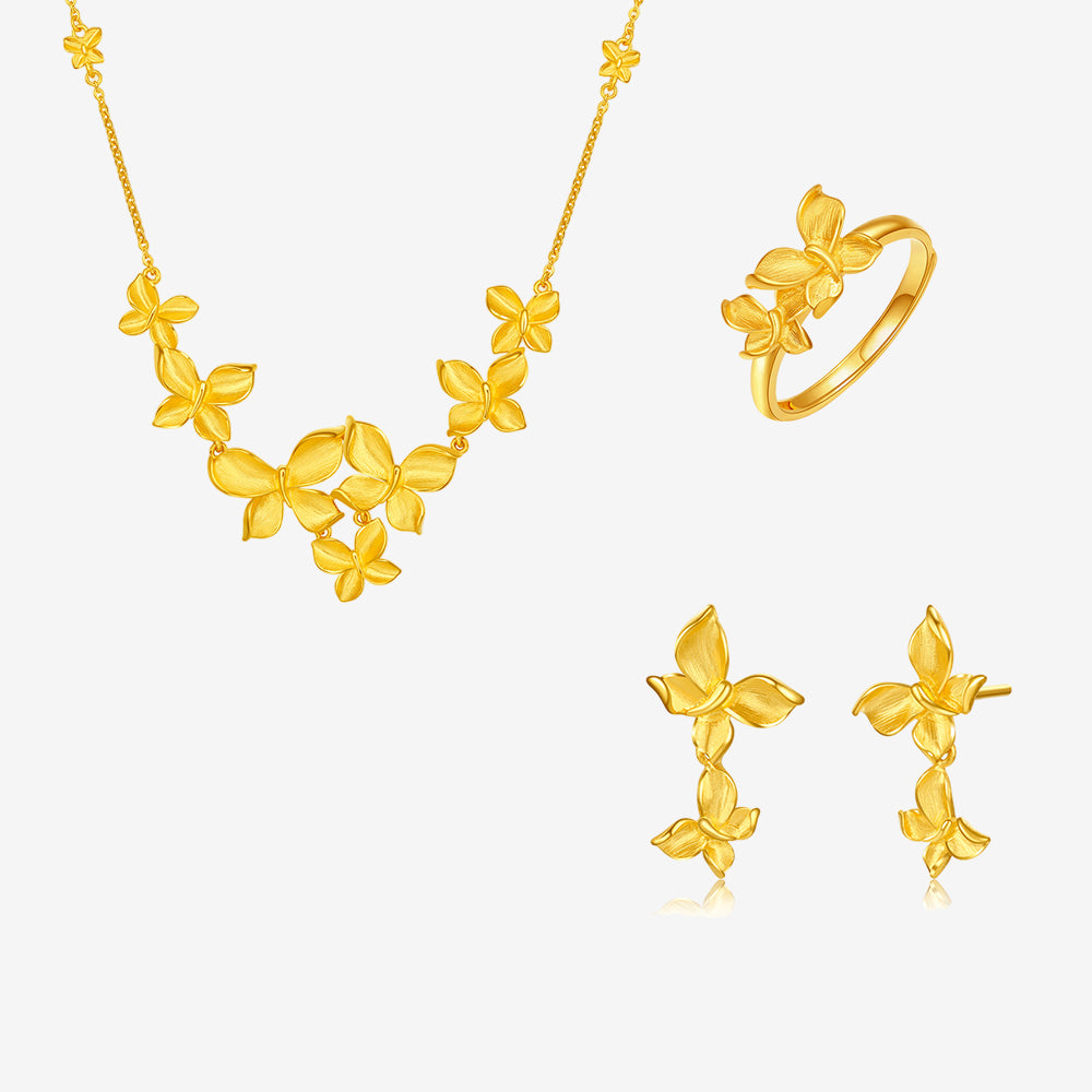 Happy Flower Wedding Series 24K Gold Butterfly Love Flower Jewelry Set - Necklace Earrings Ring