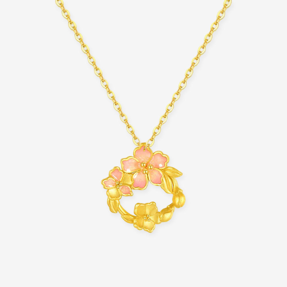 Twelve Gods of Flowers Series 24K Gold Enamel Peach Blossom Wreath Necklace Pendant