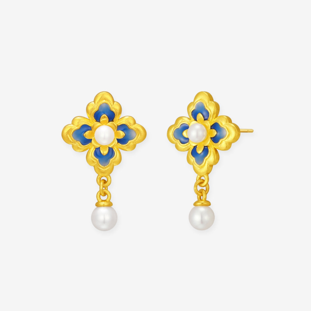 Oriental Blue and White Series 24K Gold Pearl Enamel Lotus Earrings