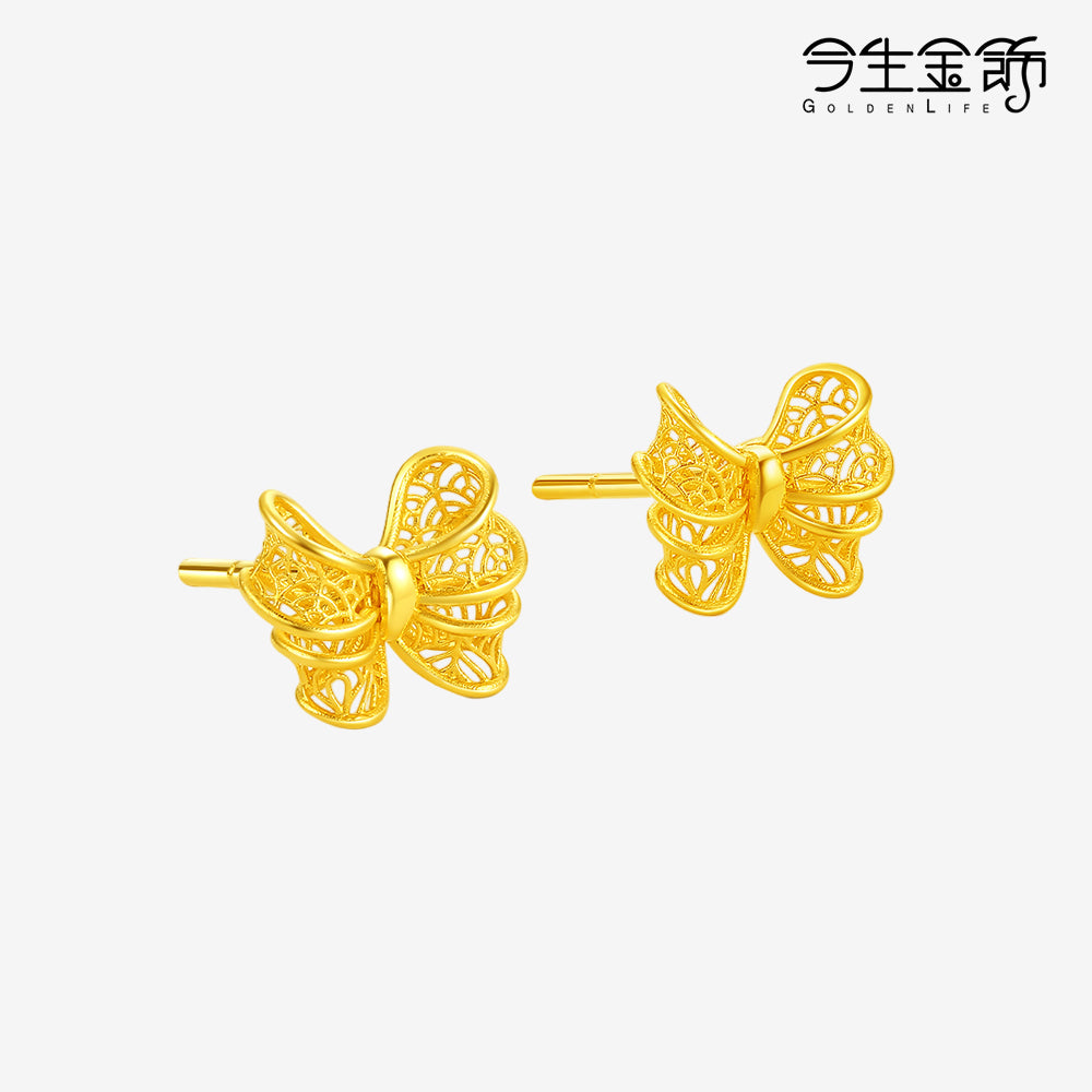 GOLDEN LIFE 24K Gold Hallow Ribbon Bow Knot Stud Earrings
