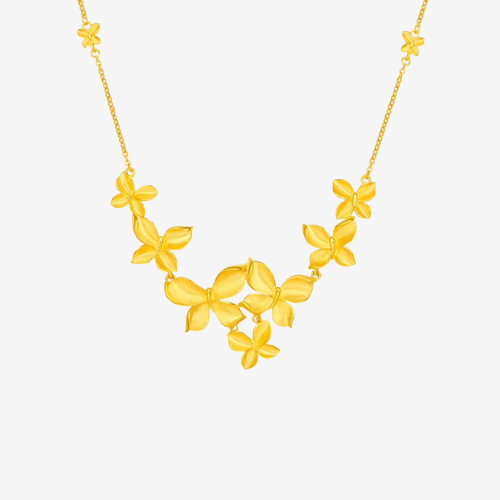 Happy Flower Wedding Series 24K Gold Butterfly Love Flower Jewelry Set - Necklace Earrings Ring