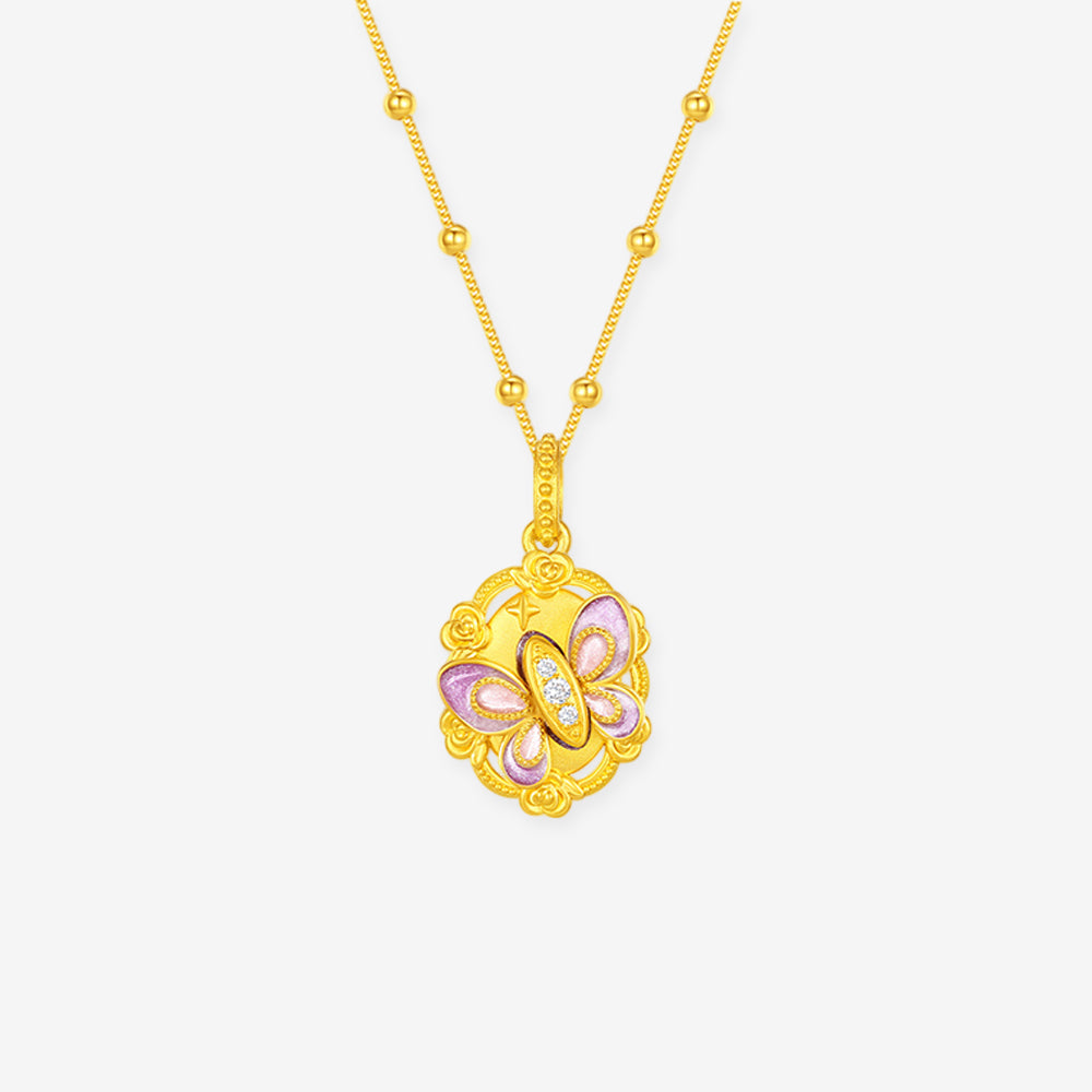 Monet Garden Series 24K Gold Diamond Luminous Enamel Vintage Rose Butterfly Pendant