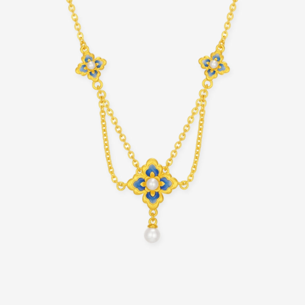 Oriental Blue and White Series 24K Gold Pearl Enamel Lotus Necklace