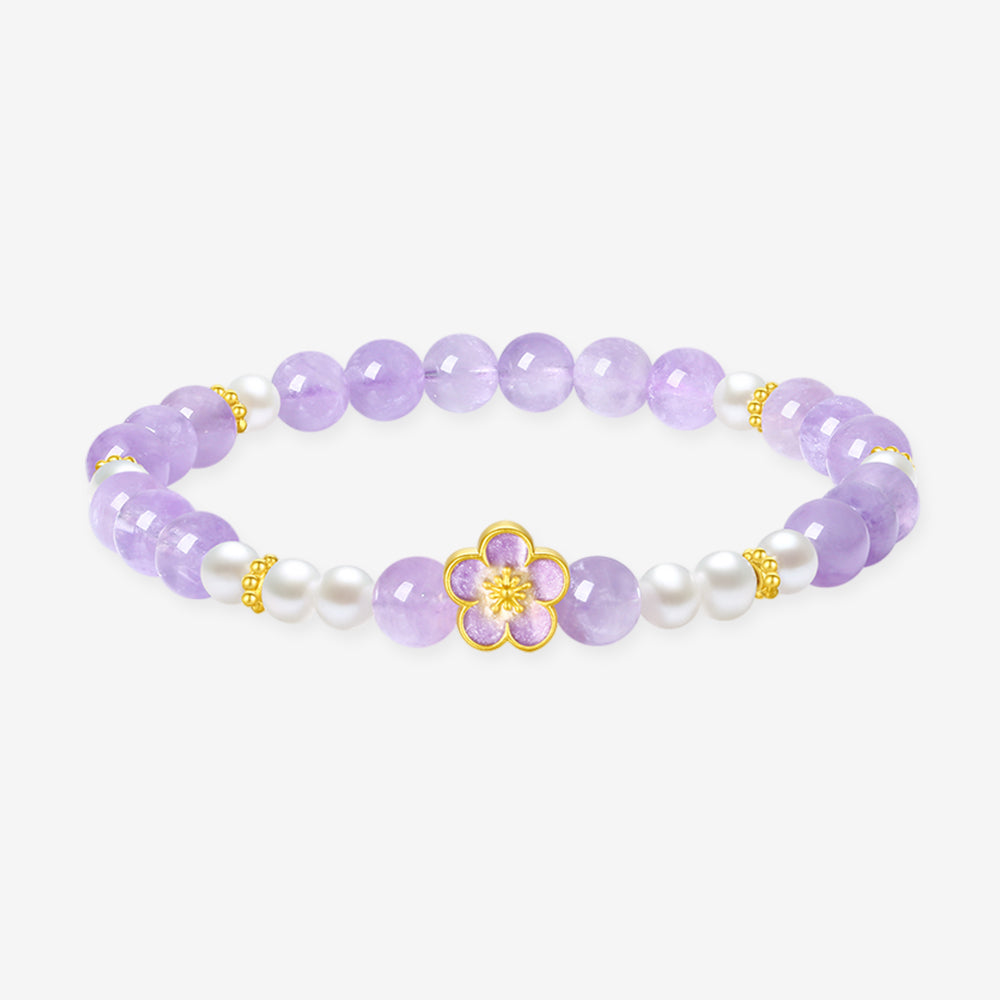Monet Garden Series 24K Gold Amethyst Peach Blossom Beaded Bracelet