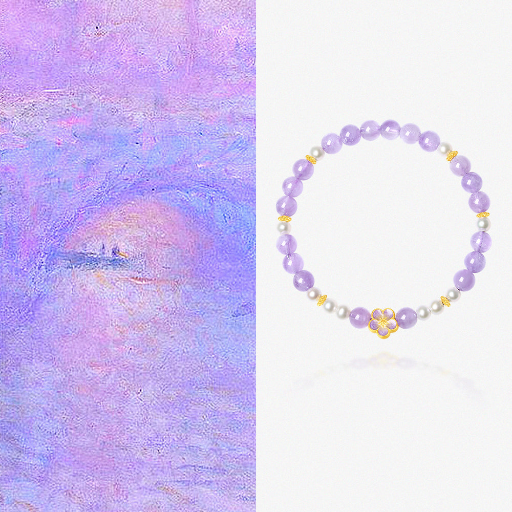Monet Garden Series 24K Gold Amethyst Peach Blossom Beaded Bracelet