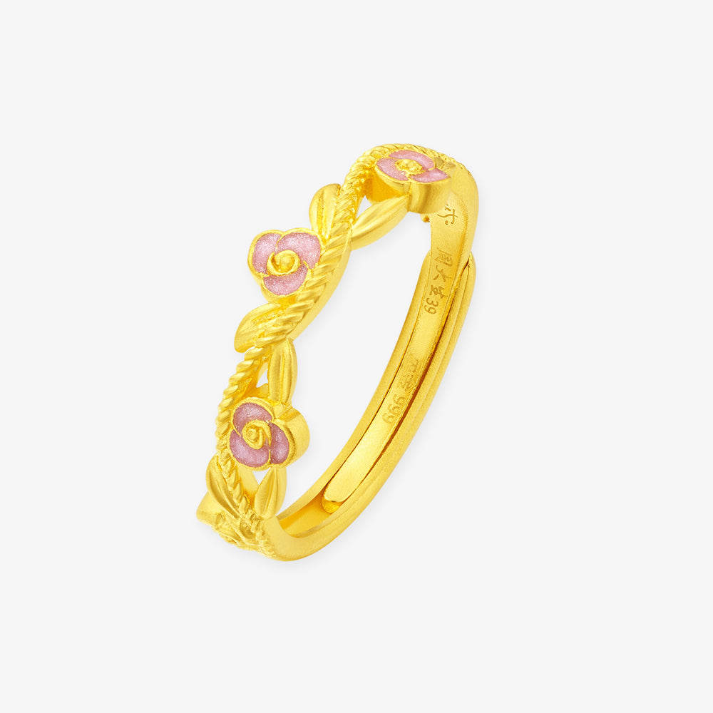 Monet Garden Series 24K Gold Enamel Pink Rose Ring