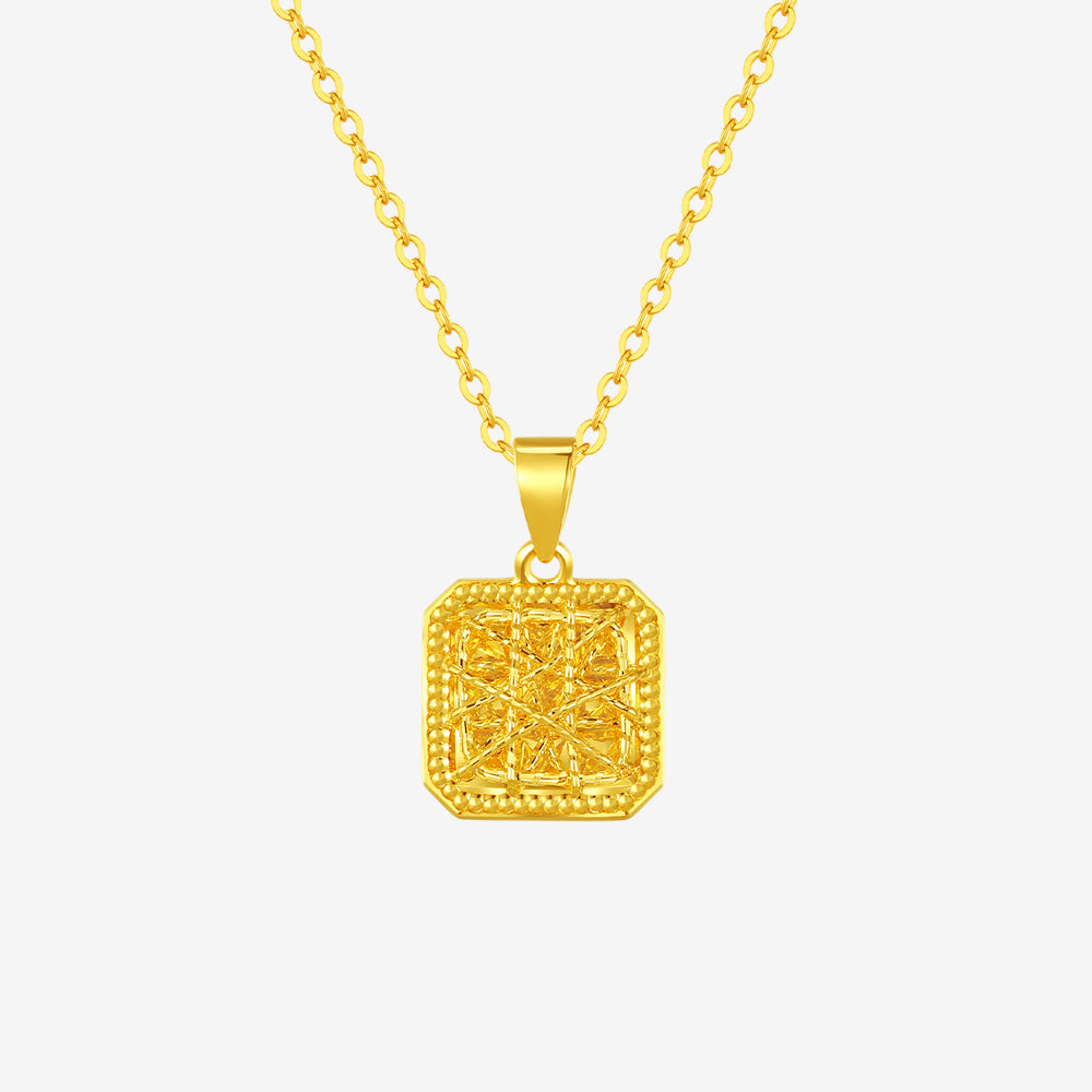 24K Gold Hollow Brushed Sugar Cube Clover Pendant